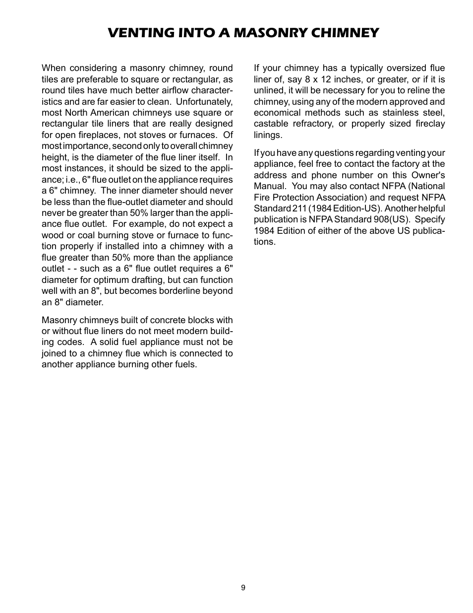 Venting into a masonry chimney | United States Stove Company 2007B User Manual | Page 9 / 16