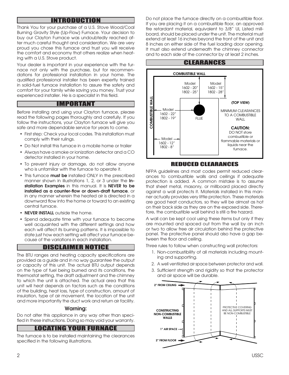 Introduction, Important, Disclaimer notice | Locating your furnace, Clearances, Warning, Reduced clearances | United States Stove Company 1602G User Manual | Page 2 / 20