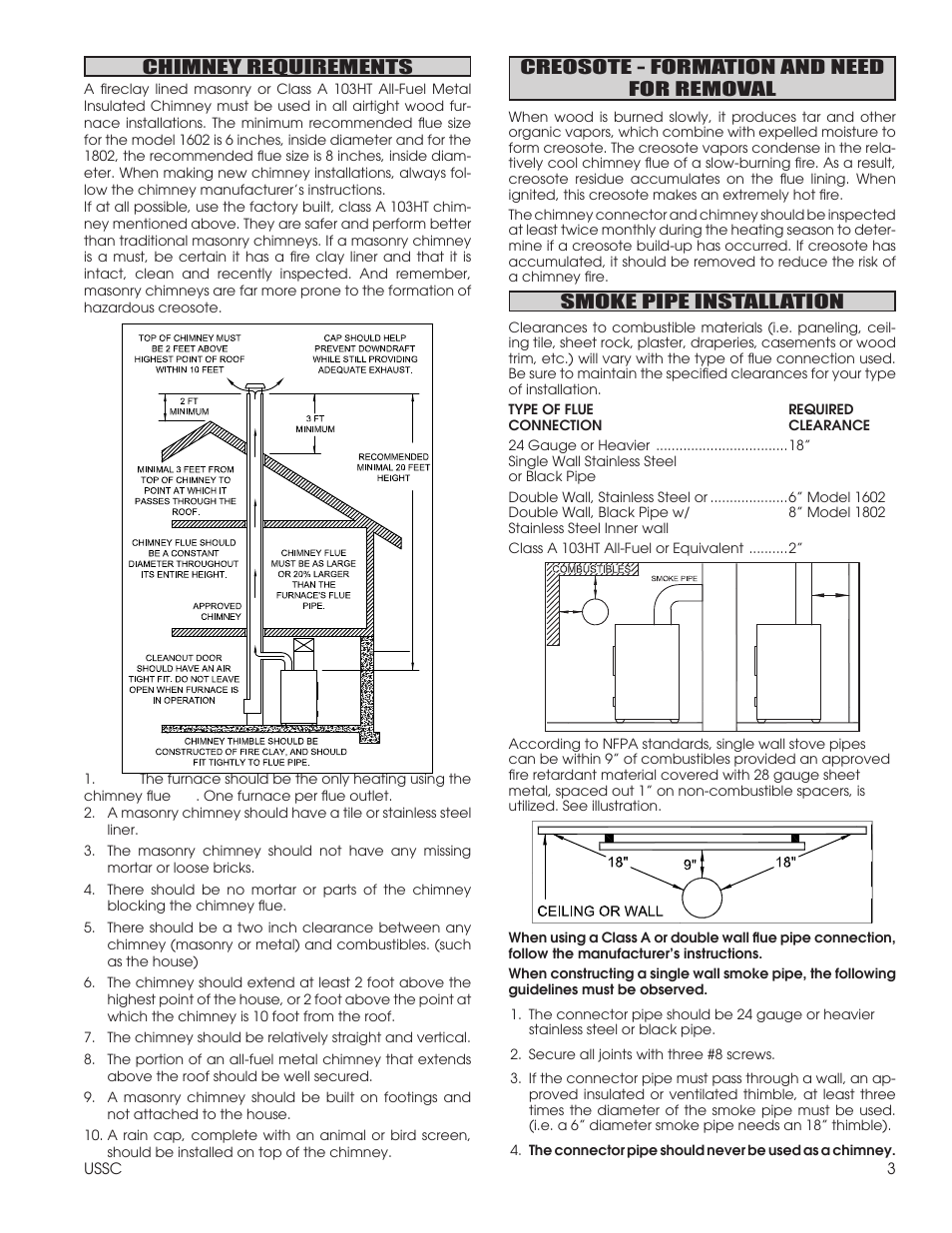 Chimney requirements, Creosote - formation and need for removal, Smoke pipe installation | United States Stove Company 1602G User Manual | Page 3 / 20