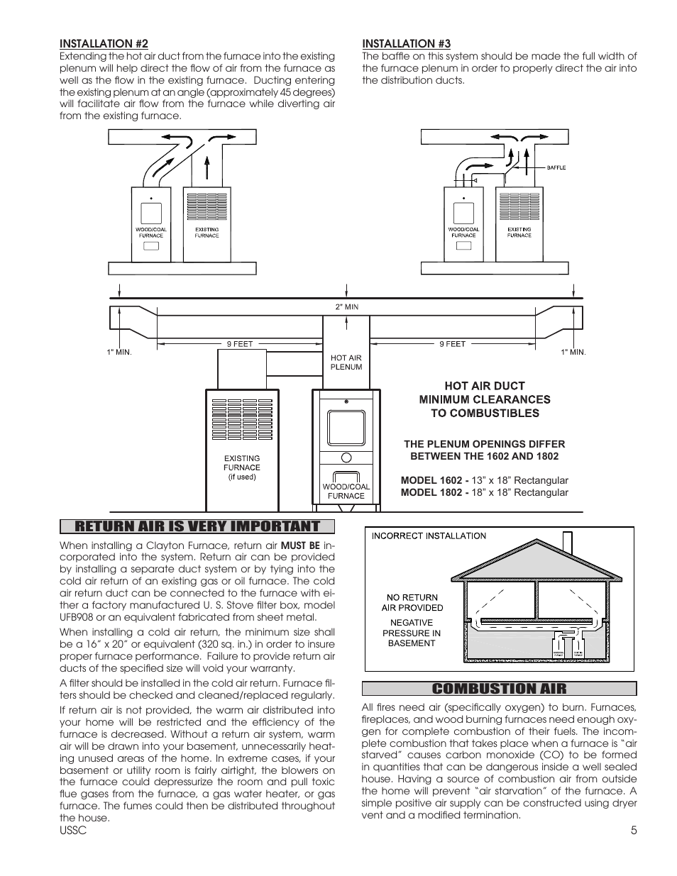 Return air is very important, Combustion air | United States Stove Company 1602G User Manual | Page 5 / 20