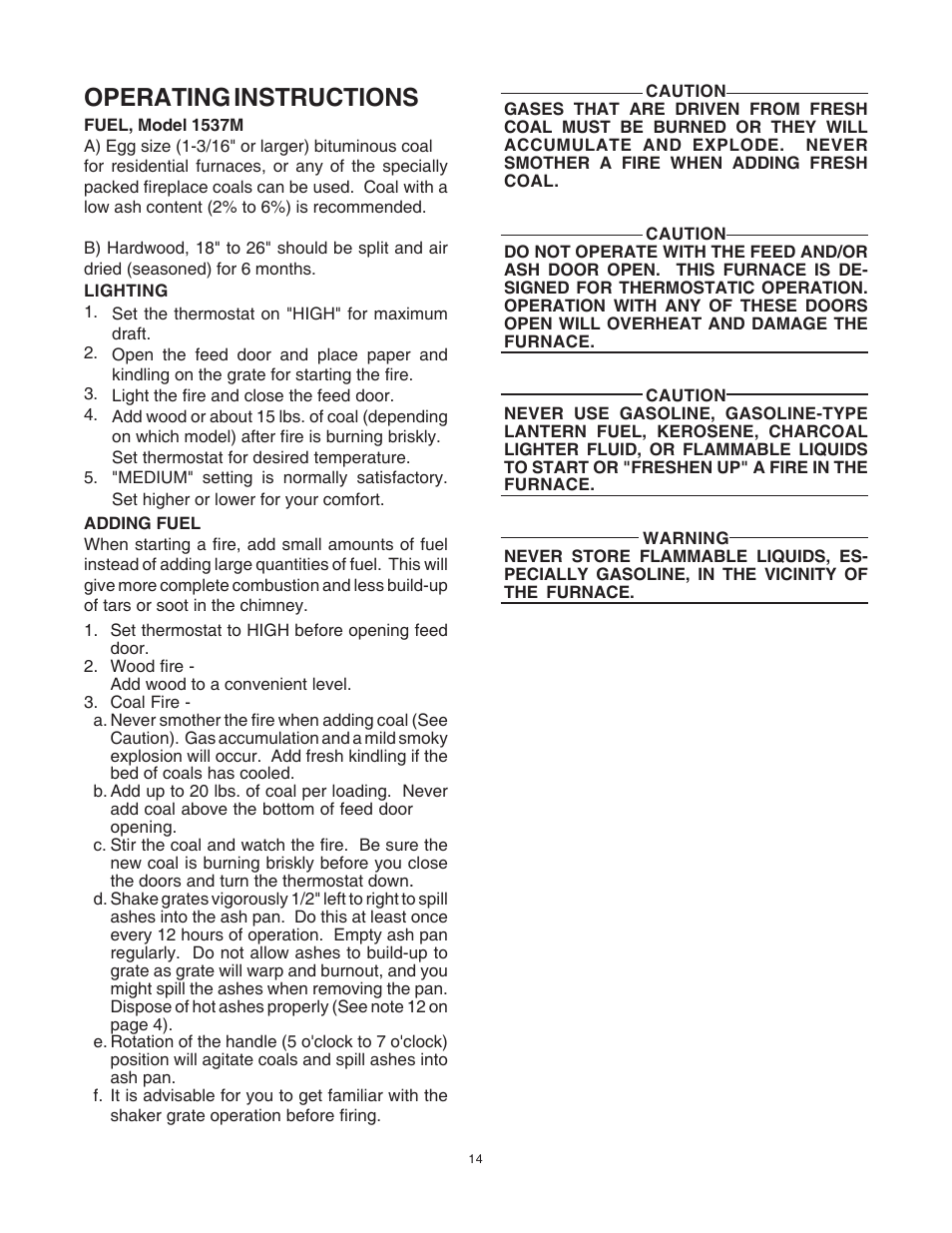 Operating instructions | United States Stove Company 1557M User Manual | Page 14 / 28