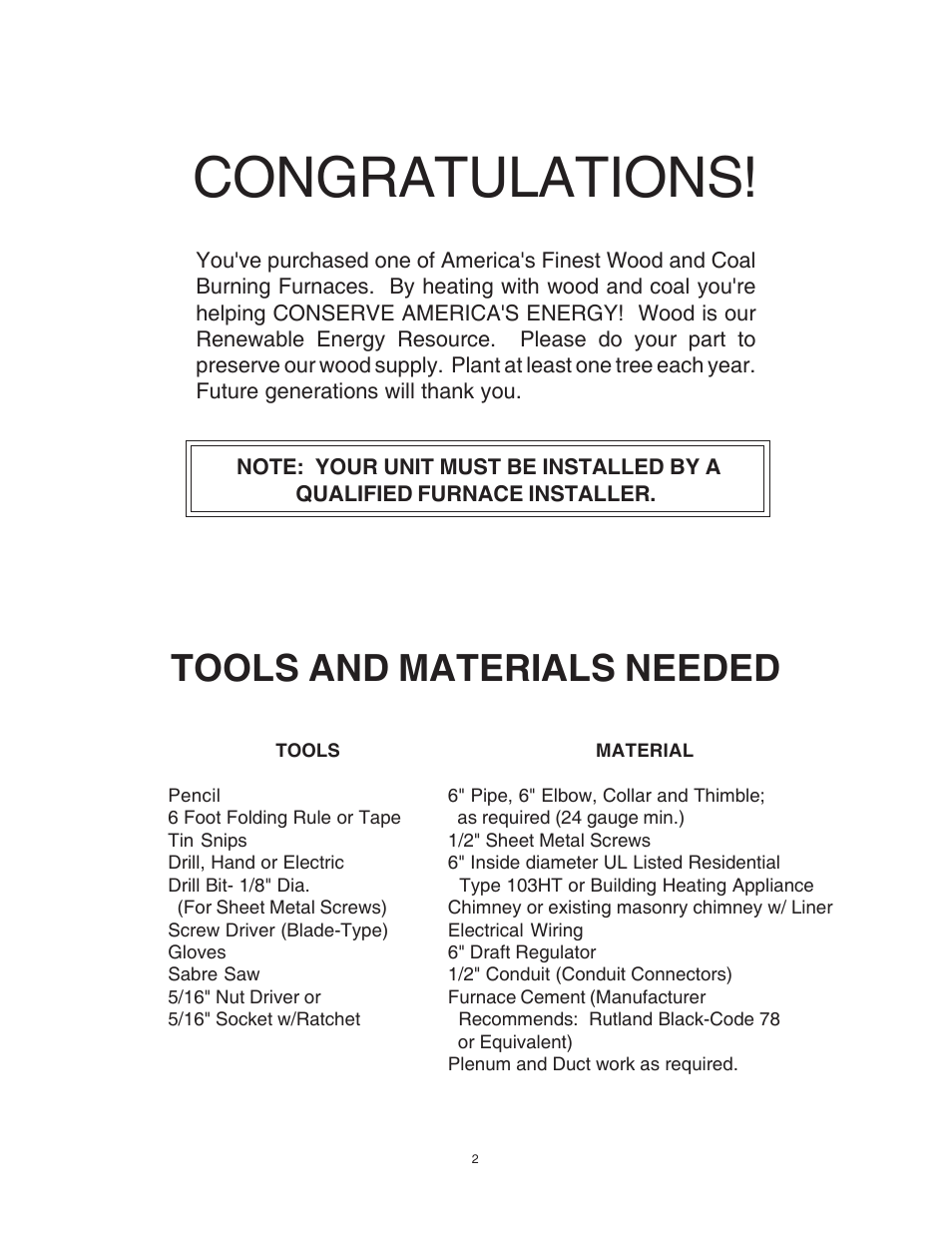 Tools and materials needed | United States Stove Company 1557M User Manual | Page 2 / 28