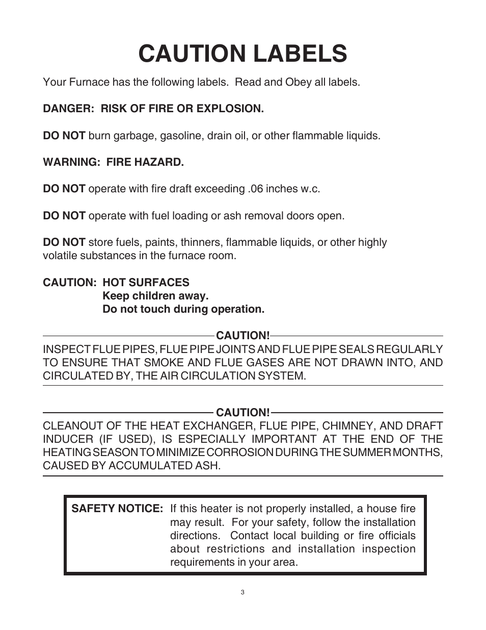 Caution labels | United States Stove Company 1557M User Manual | Page 3 / 28