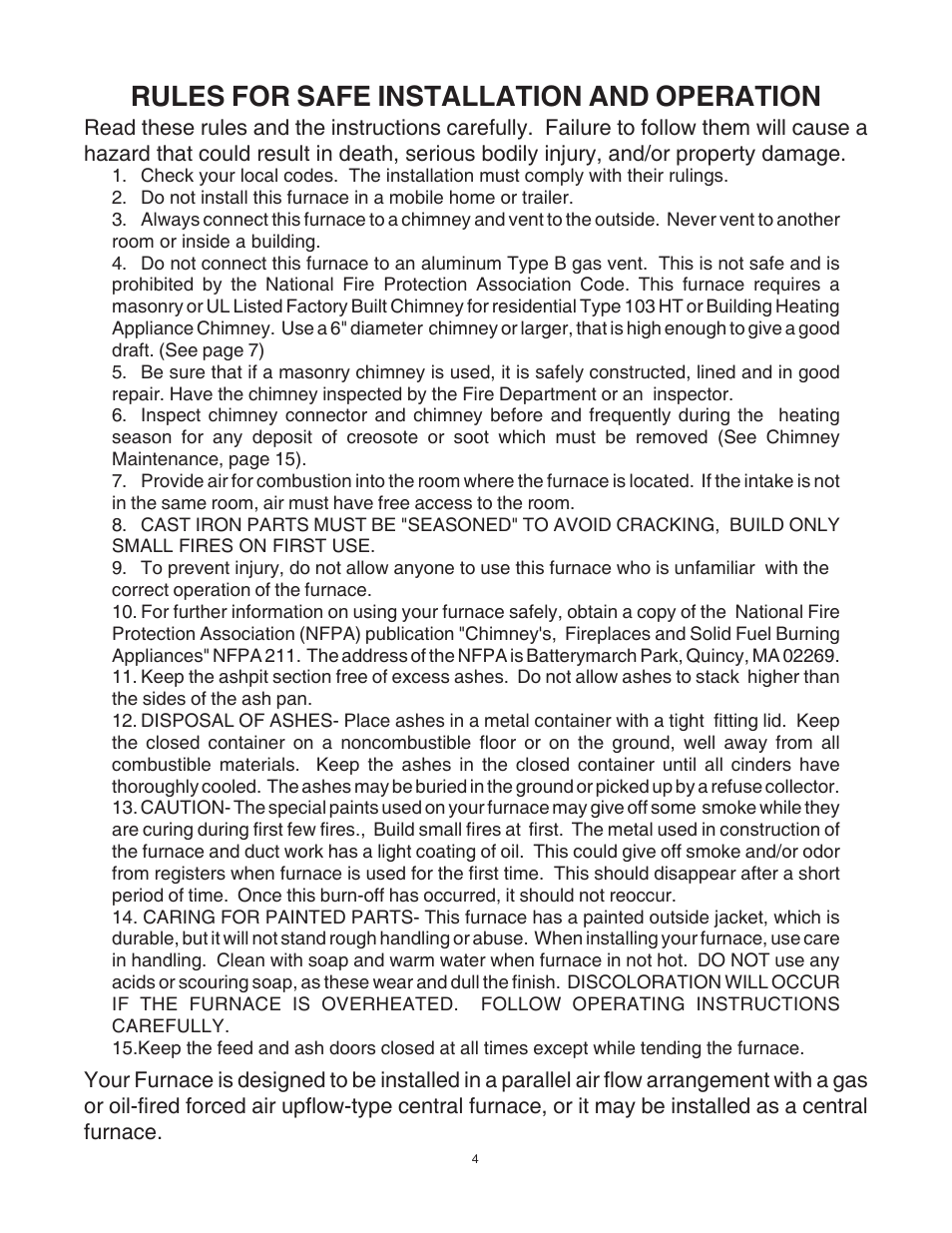 Rules for safe installation and operation | United States Stove Company 1557M User Manual | Page 4 / 28