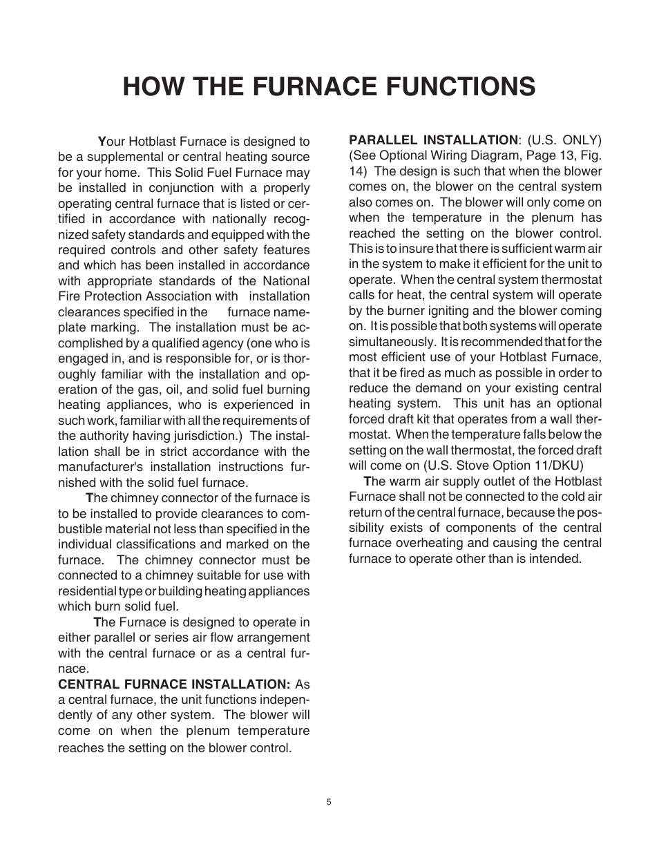 How the furnace functions | United States Stove Company 1557M User Manual | Page 5 / 28