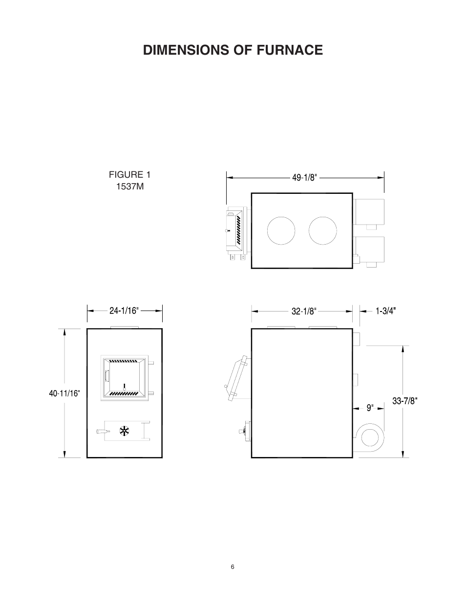 Dimensions of furnace | United States Stove Company 1557M User Manual | Page 6 / 28