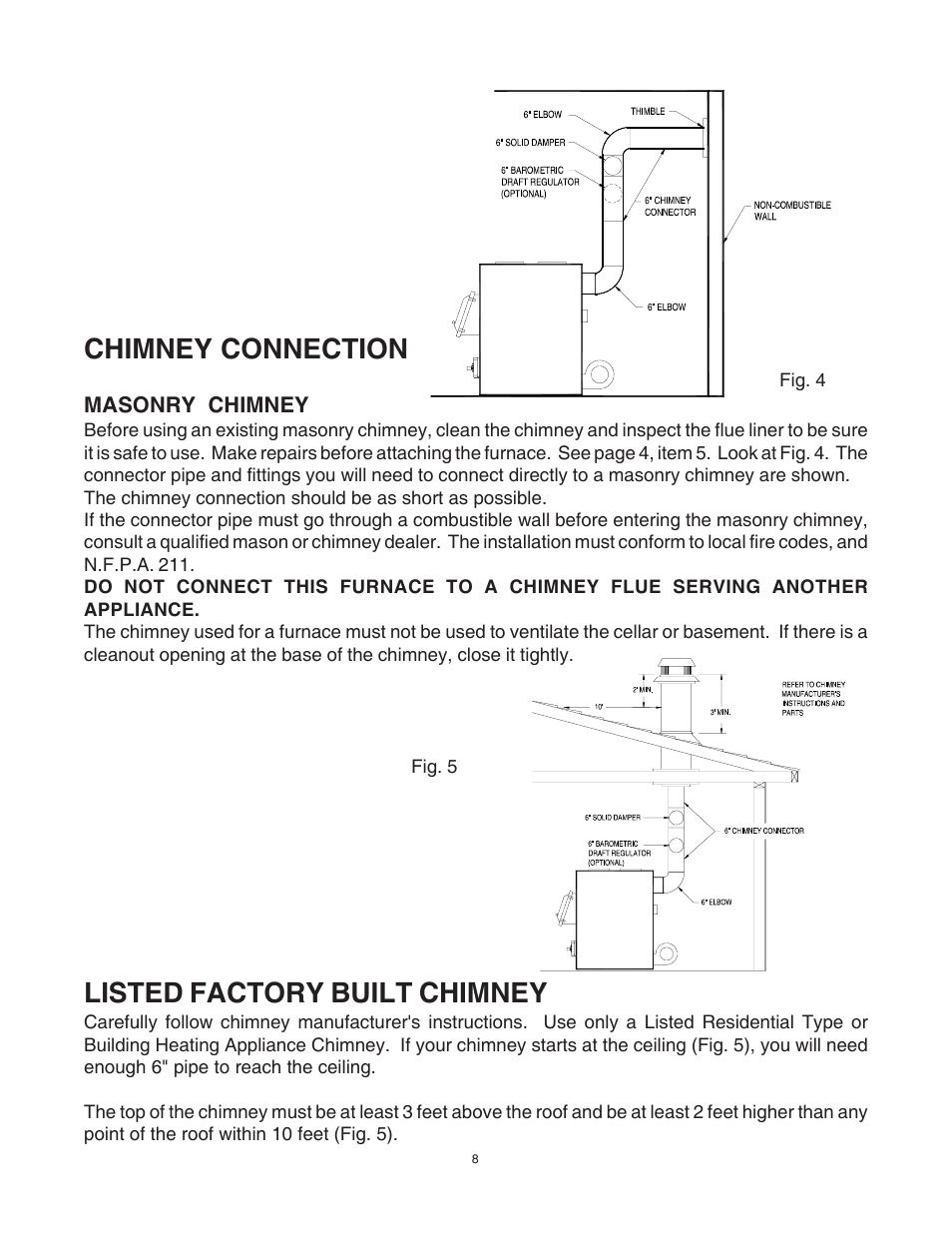 Chimney connection, Listed factory built chimney | United States Stove Company 1557M User Manual | Page 8 / 28