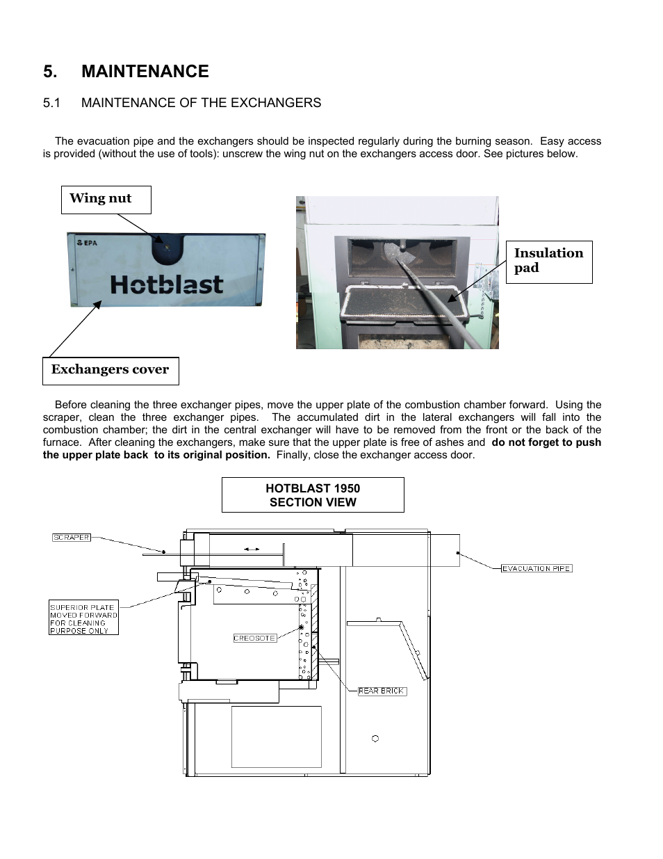 Maintenance, 1 maintenance of the exchangers, Maintenance of the exchangers | United States Stove Company HOTBLAST 1950 User Manual | Page 13 / 20