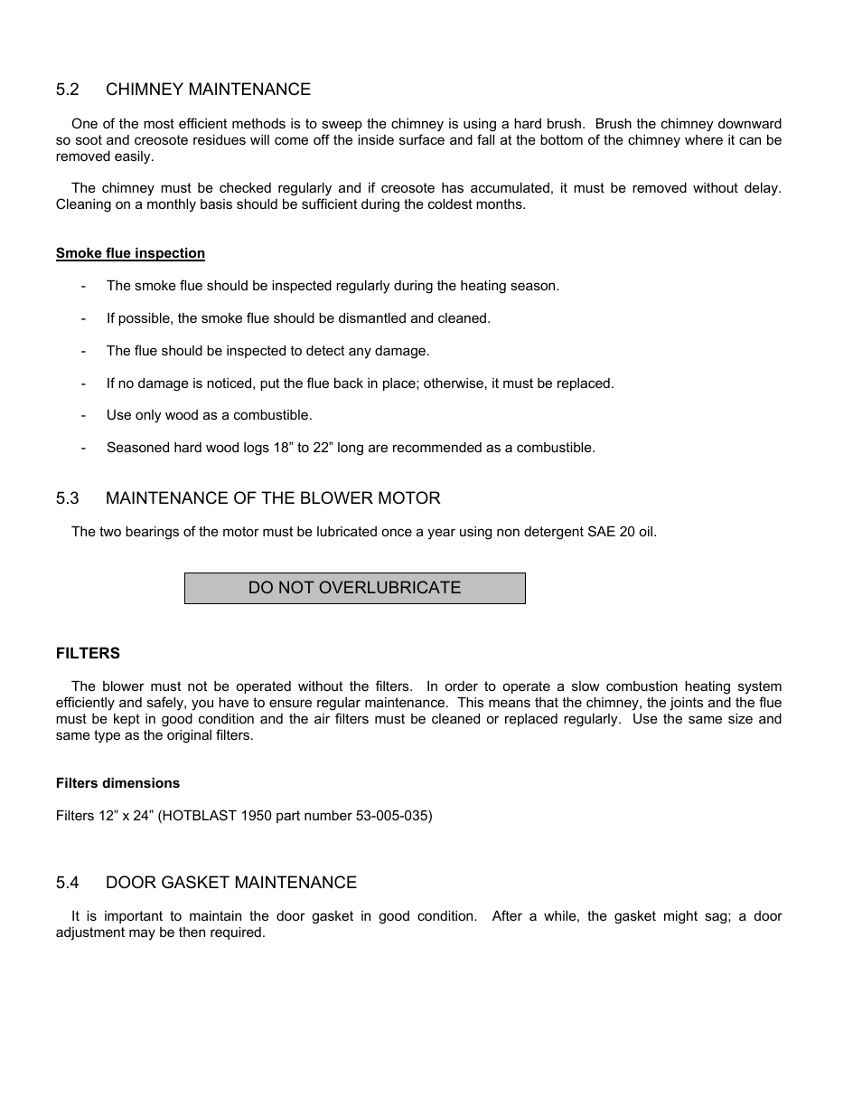 2 chimney maintenance, 3 maintenance of the blower motor, 4 door gasket maintenance | Chimney maintenance, Maintenance of the blower motor, Door gasket maintenance | United States Stove Company HOTBLAST 1950 User Manual | Page 14 / 20
