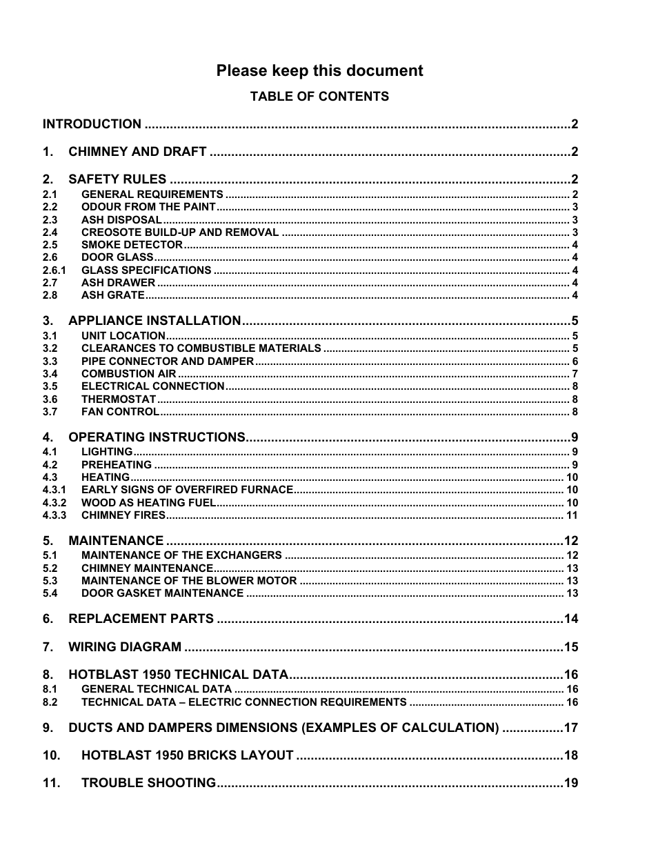 Introduction, Please keep this document | United States Stove Company HOTBLAST 1950 User Manual | Page 2 / 20