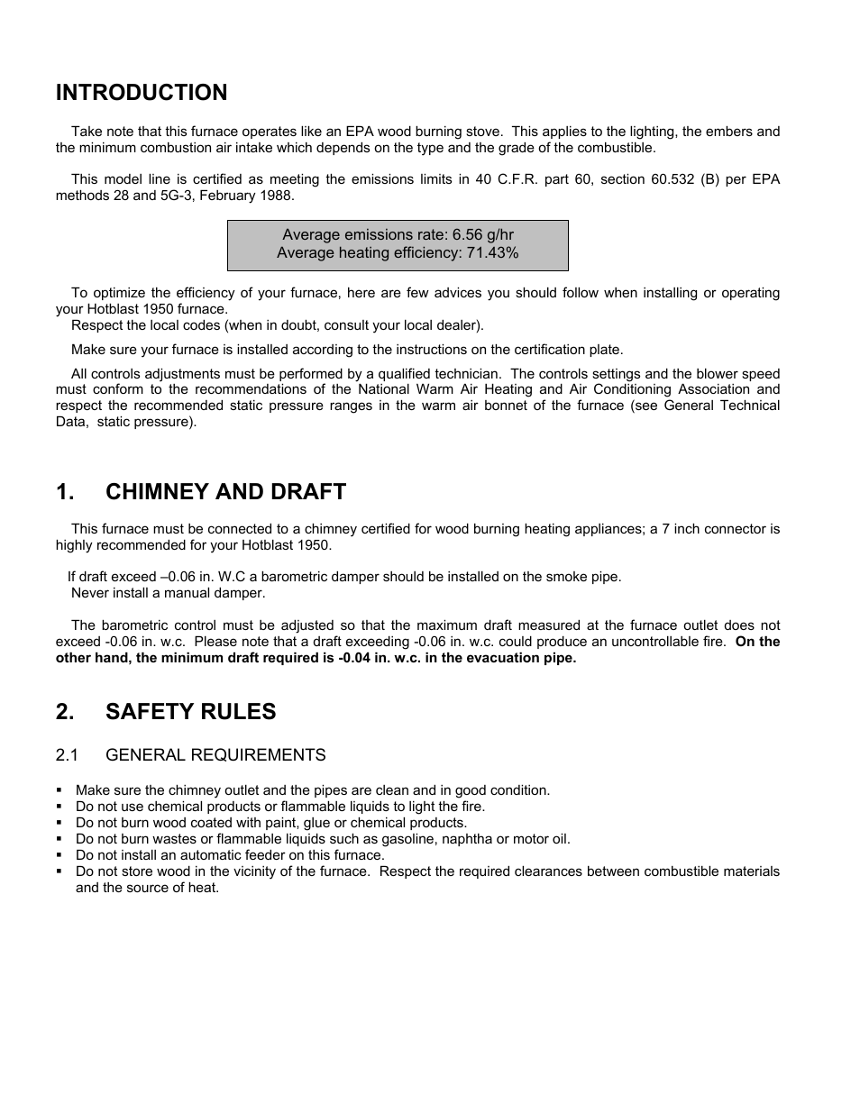 Chimney and draft, Safety rules, 1 general requirements | Introduction, General requirements | United States Stove Company HOTBLAST 1950 User Manual | Page 3 / 20