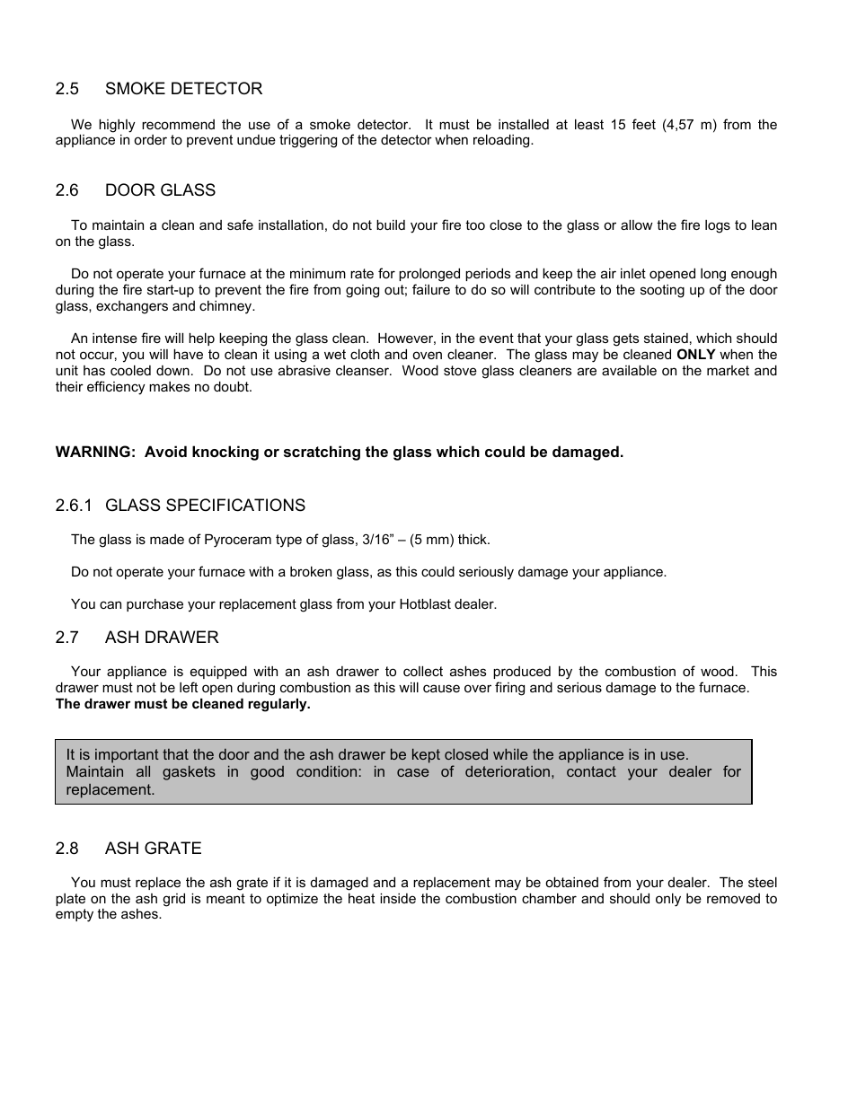 5 smoke detector, 6 door glass, 1 glass specifications | 7 ash drawer, 8 ash grate, Smoke detector, Door glass, Glass specifications, Ash drawer, Ash grate | United States Stove Company HOTBLAST 1950 User Manual | Page 5 / 20