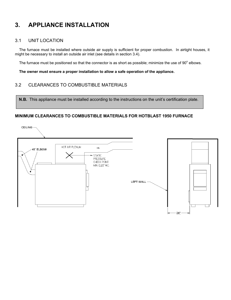 Appliance installation, 1 unit location, 2 clearances to combustible materials | Unit location, Clearances to combustible materials | United States Stove Company HOTBLAST 1950 User Manual | Page 6 / 20