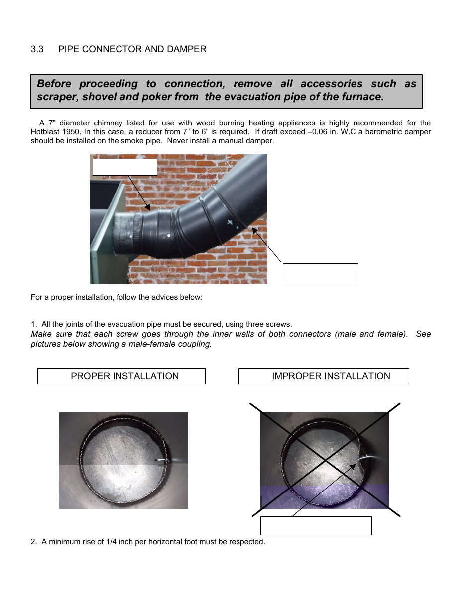 3 pipe connector and damper, Pipe connector and damper | United States Stove Company HOTBLAST 1950 User Manual | Page 7 / 20