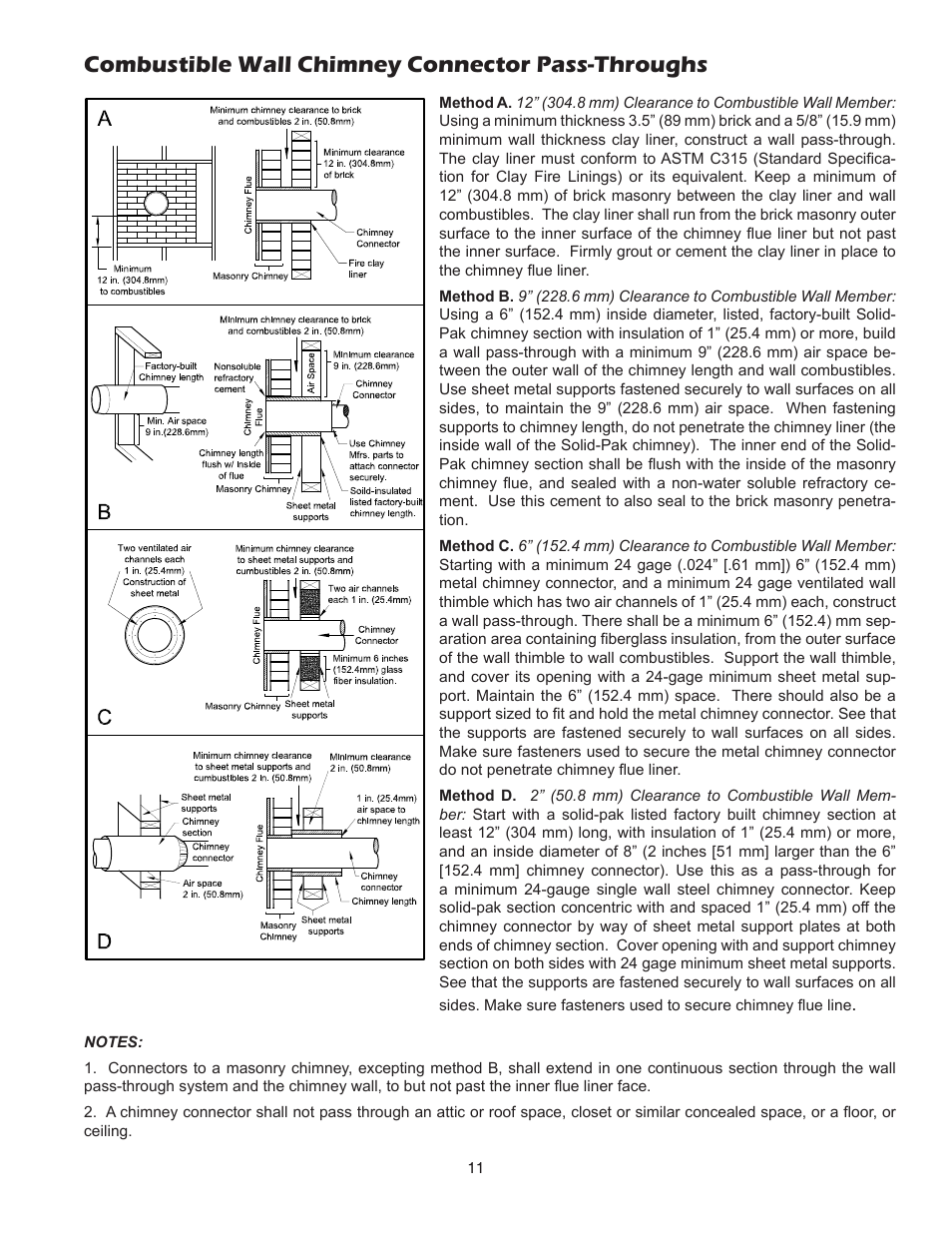 Combustible wall chimney connector pass-throughs | United States Stove Company 3700 User Manual | Page 11 / 20