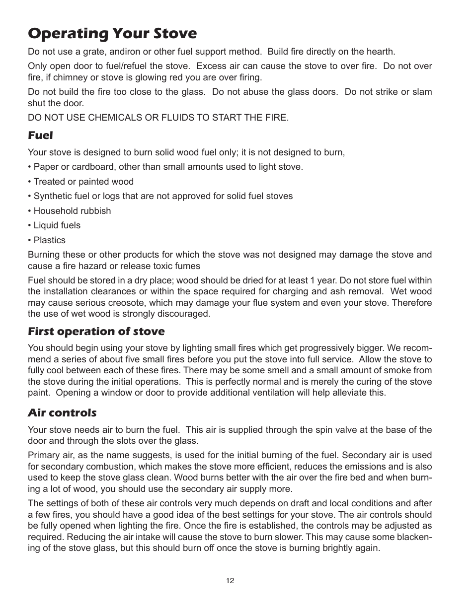 Operating your stove, Fuel, First operation of stove air controls | United States Stove Company 3700 User Manual | Page 12 / 20