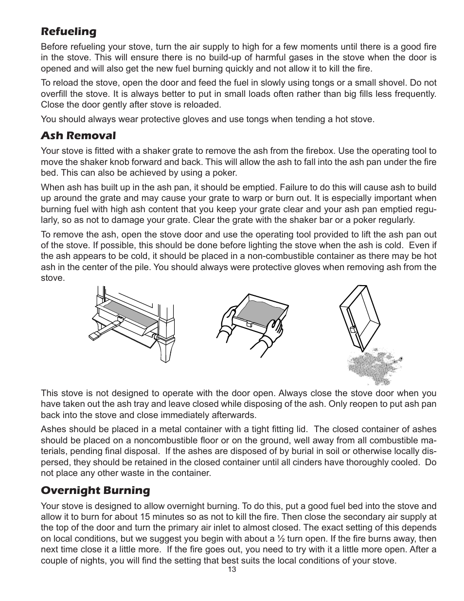 Refueling ash removal, Overnight burning | United States Stove Company 3700 User Manual | Page 13 / 20