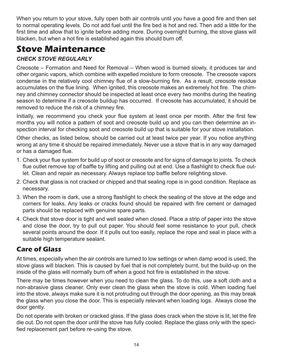 Stove maintenance, Care of glass | United States Stove Company 3700 User Manual | Page 14 / 20