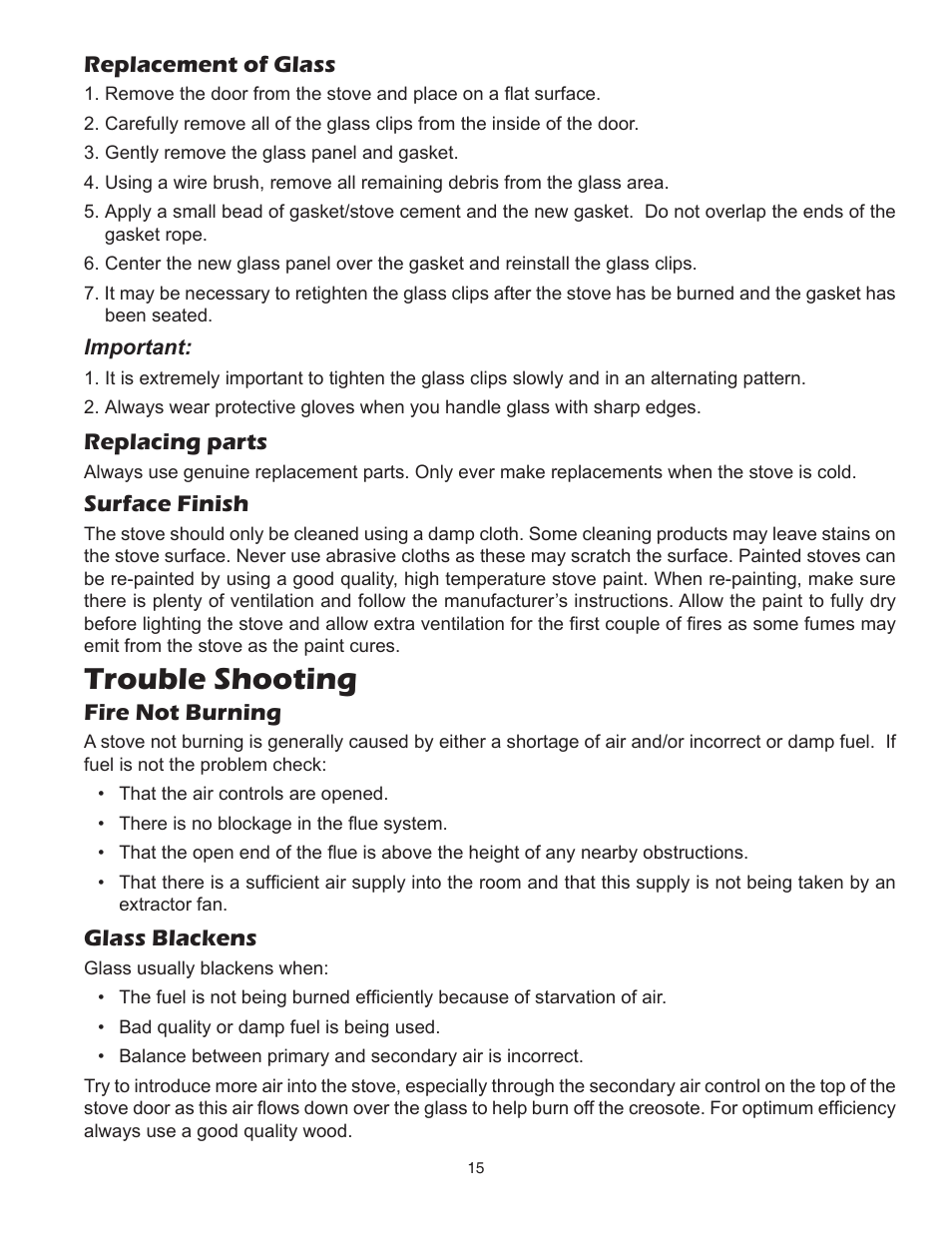 Trouble shooting, Replacement of glass, Replacing parts | Surface finish, Fire not burning glass blackens | United States Stove Company 3700 User Manual | Page 15 / 20
