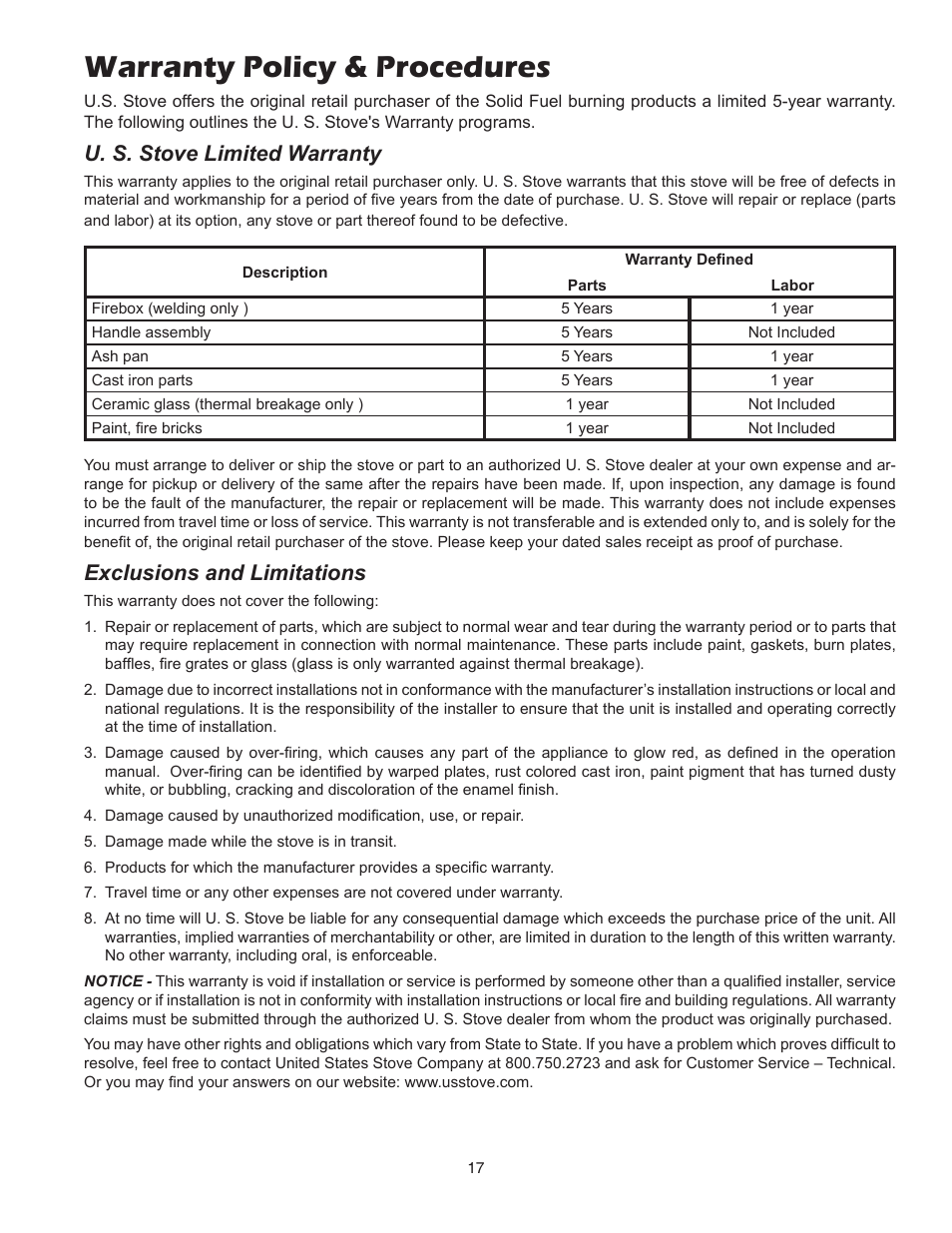 Warranty policy & procedures, U. s. stove limited warranty, Exclusions and limitations | United States Stove Company 3700 User Manual | Page 17 / 20