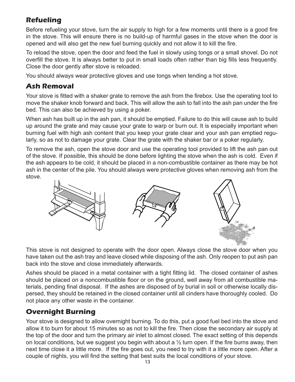 Refueling ash removal, Overnight burning | United States Stove Company 3800PB User Manual | Page 13 / 20
