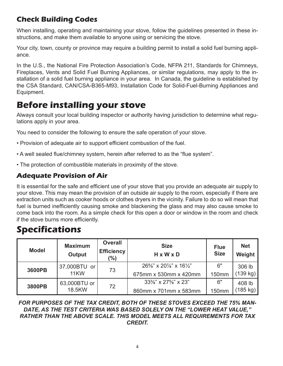 Before installing your stove, Specifications, Check building codes | Adequate provision of air | United States Stove Company 3800PB User Manual | Page 4 / 20