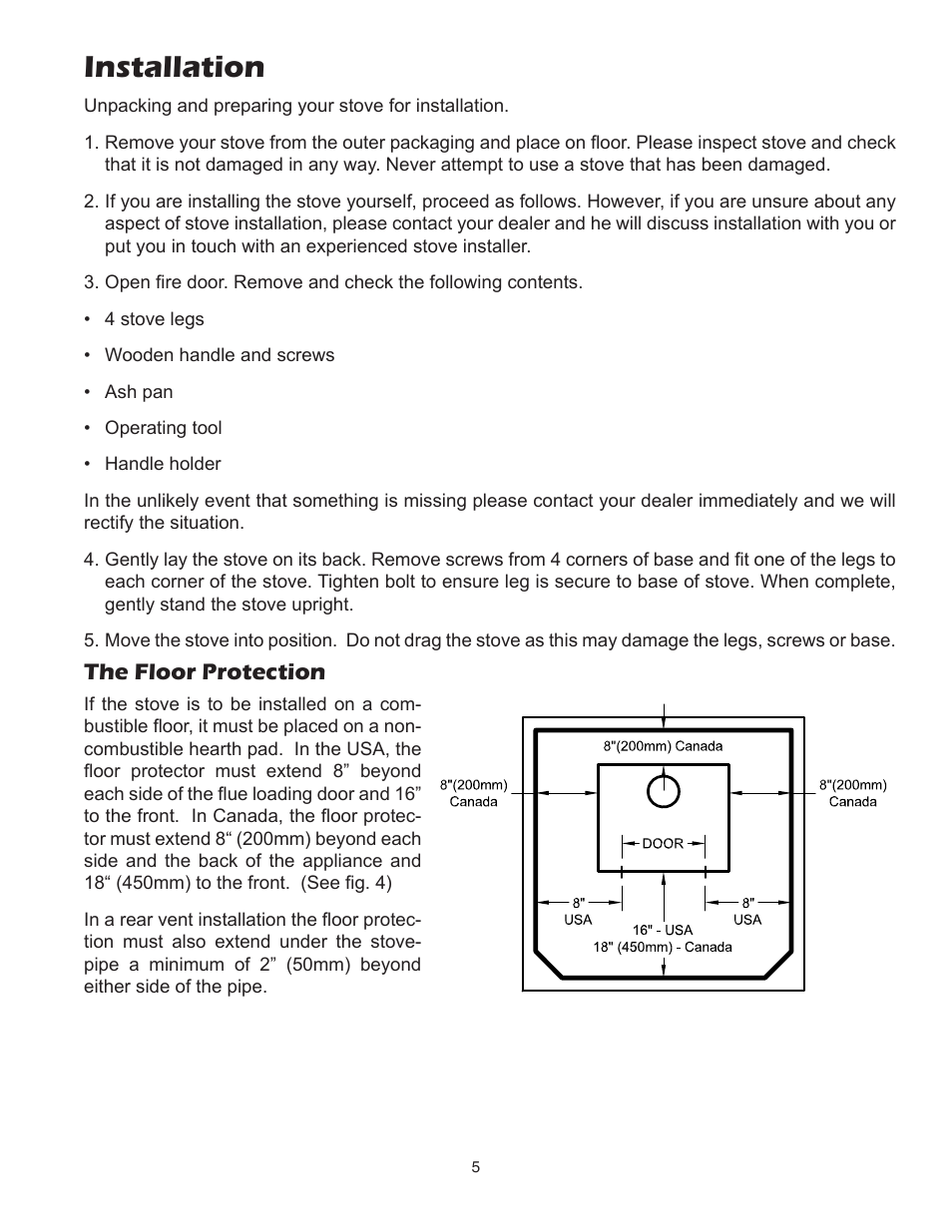 Installation, The floor protection | United States Stove Company 3800PB User Manual | Page 5 / 20