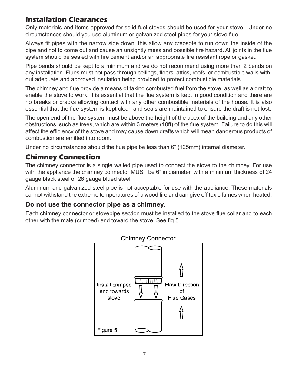 Installation clearances, Chimney connection | United States Stove Company 3800PB User Manual | Page 7 / 20