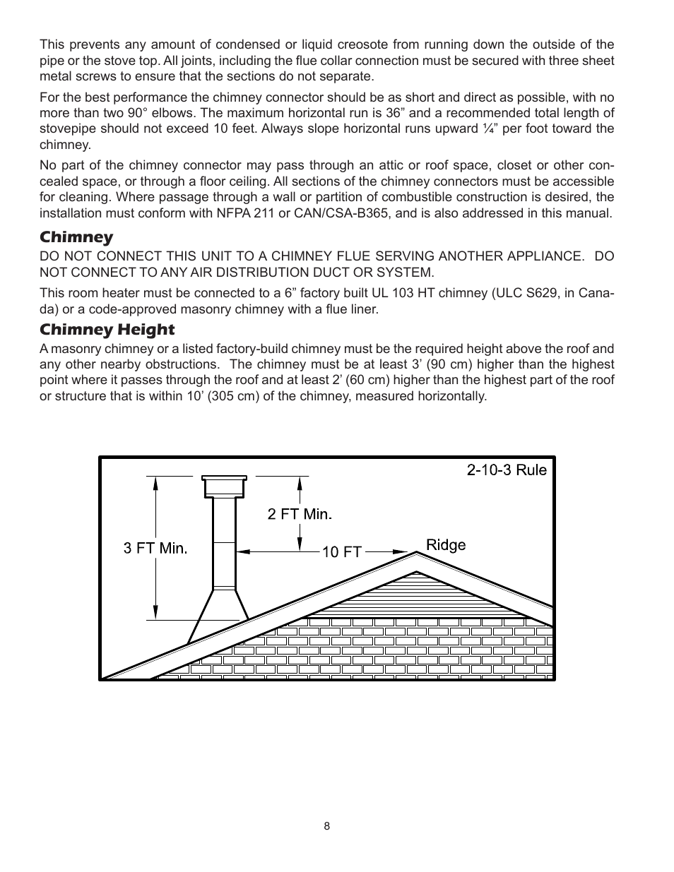 Chimney, Chimney height | United States Stove Company 3800PB User Manual | Page 8 / 20
