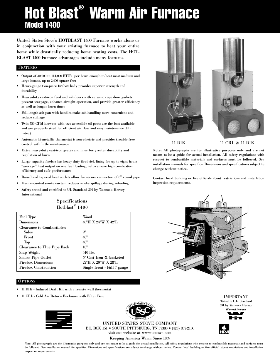 Hot blast, Warm air furnace, Model 1400 | Specifications | United States Stove Company 1400 User Manual | Page 2 / 2