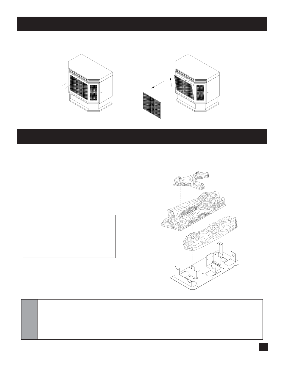 Log assembly, Removing front screen | United States Stove Company C9947N User Manual | Page 11 / 43