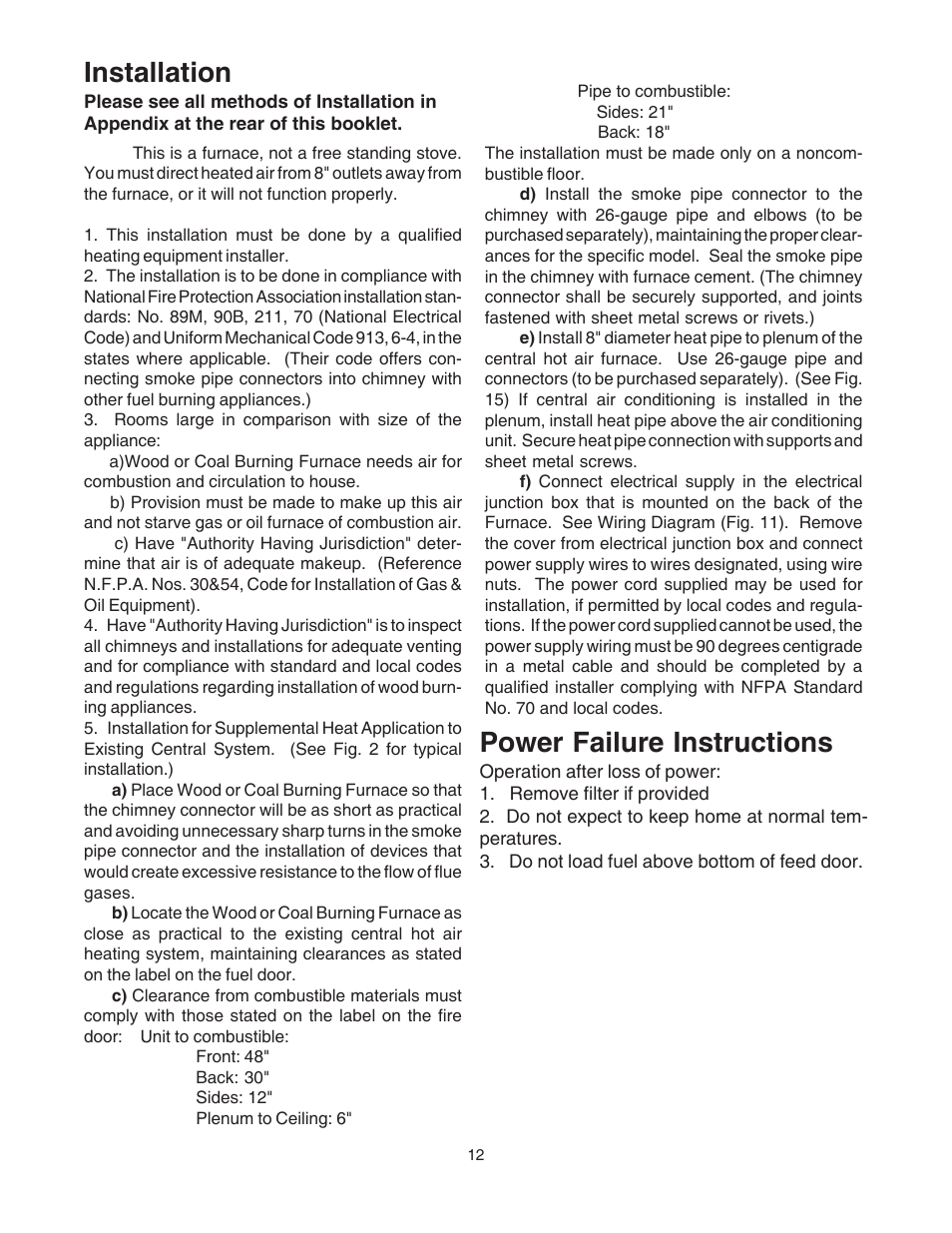 Power failure instructions, Installation | United States Stove Company 1500 User Manual | Page 12 / 24