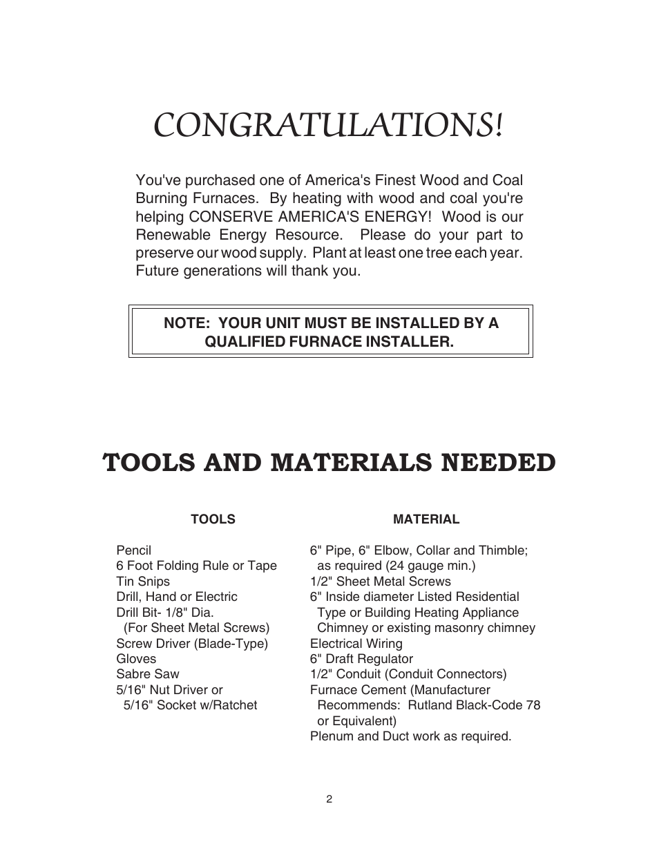Tools and materials needed | United States Stove Company 1500 User Manual | Page 2 / 24
