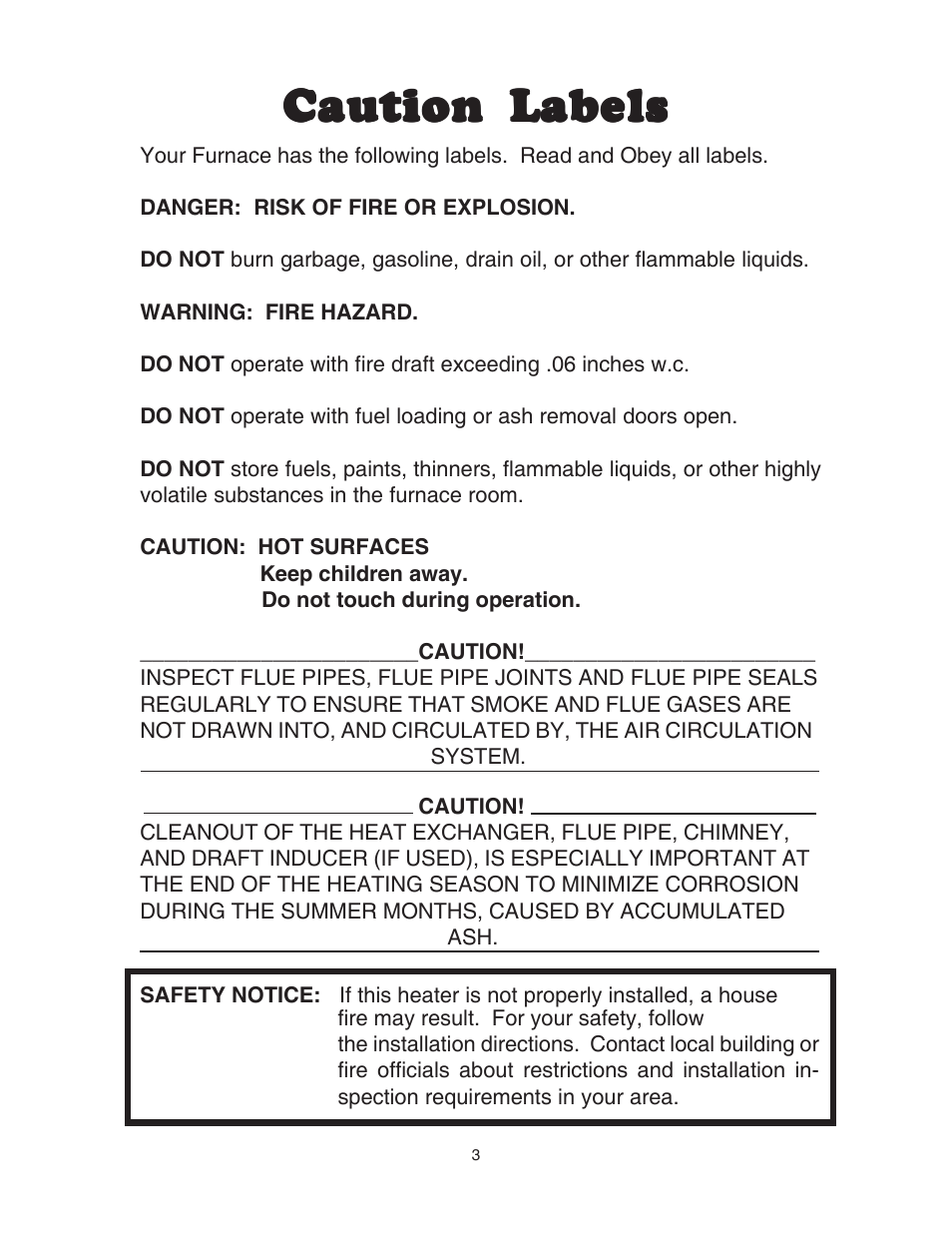 Caution labels | United States Stove Company 1500 User Manual | Page 3 / 24