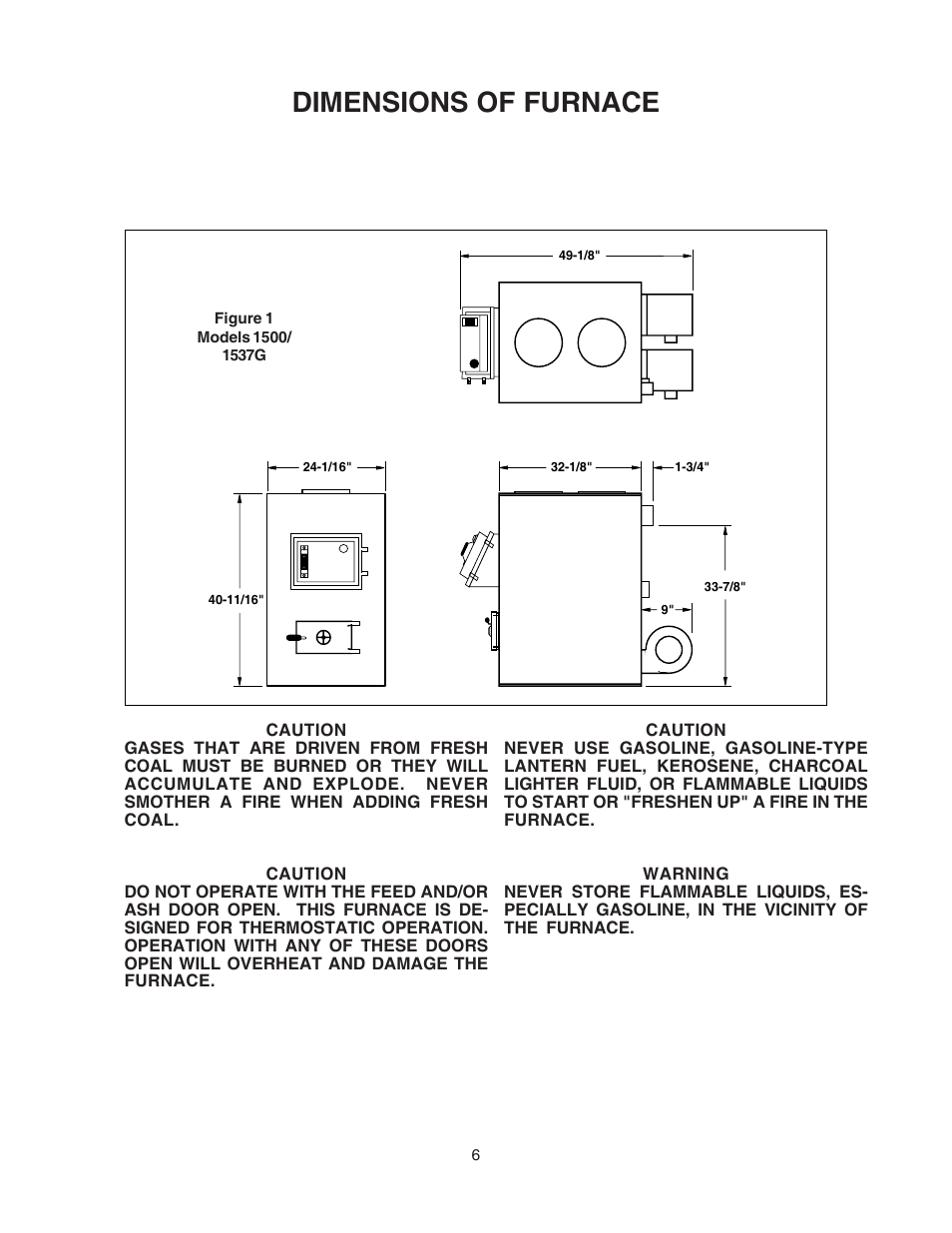 Dimensions of furnace | United States Stove Company 1500 User Manual | Page 6 / 24