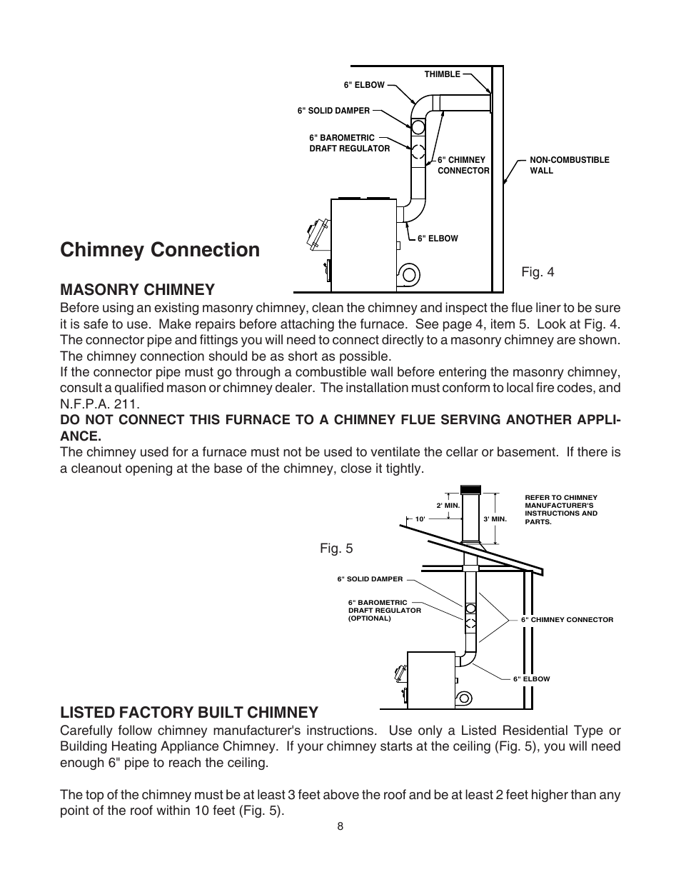 Chimney connection, Masonry chimney, Listed factory built chimney | Fig. 4 | United States Stove Company 1500 User Manual | Page 8 / 24