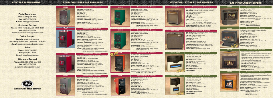 Gas fireplaces/heaters, Contact information parts department, Customer service | Online support, Sales, Literature request | United States Stove Company Wood Stove User Manual | Page 2 / 2
