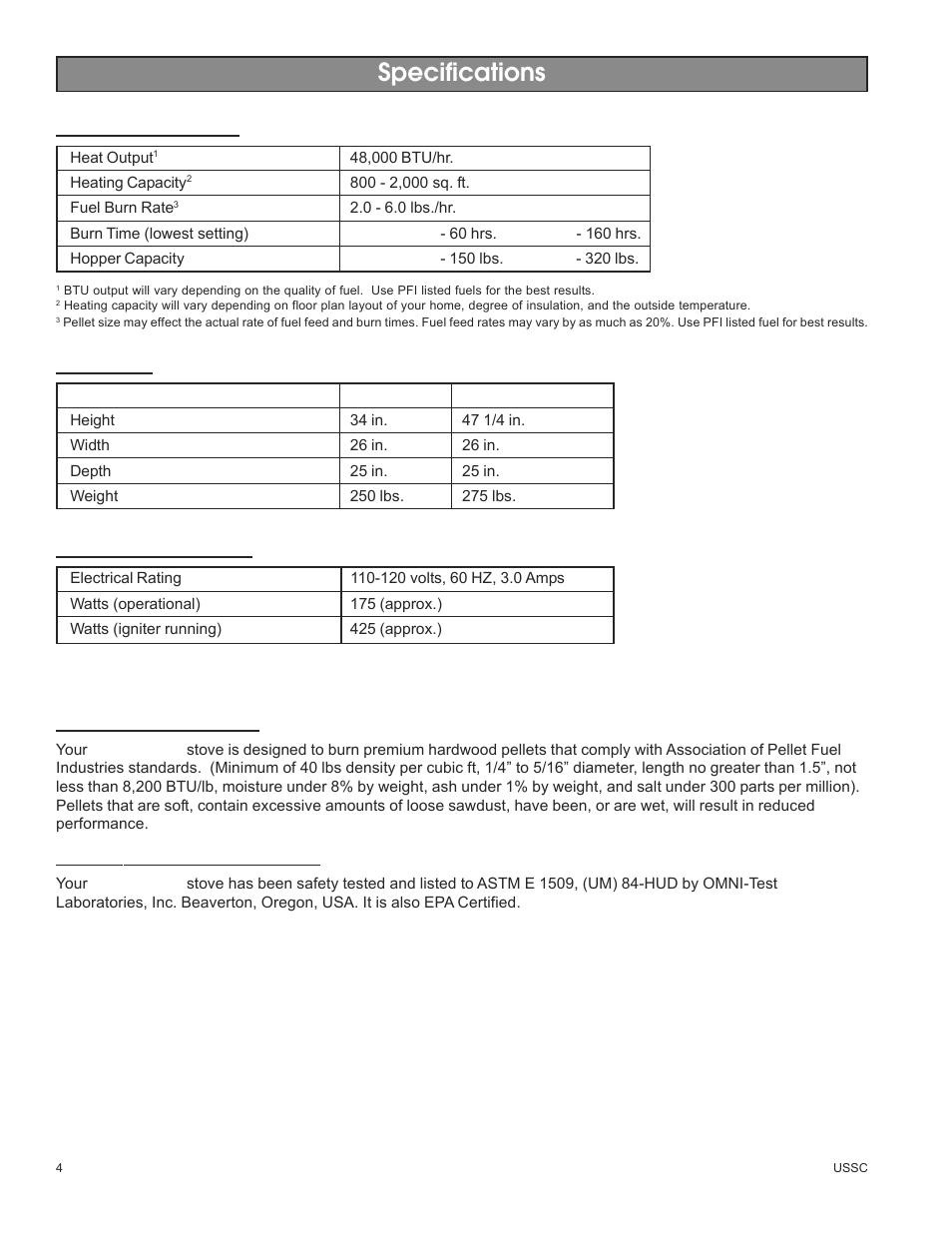 Specifications | United States Stove Company 5500M User Manual | Page 4 / 20
