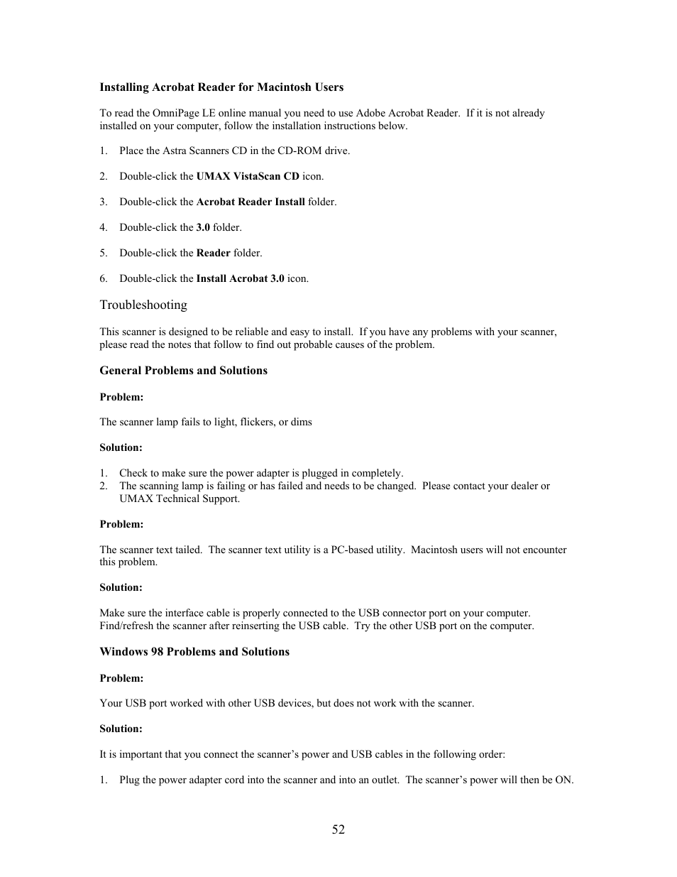 Installing acrobat reader for macintosh users, General problems and solutions, Windows 98 problems and solutions | UMAX Technologies Astra 3400 User Manual | Page 52 / 57