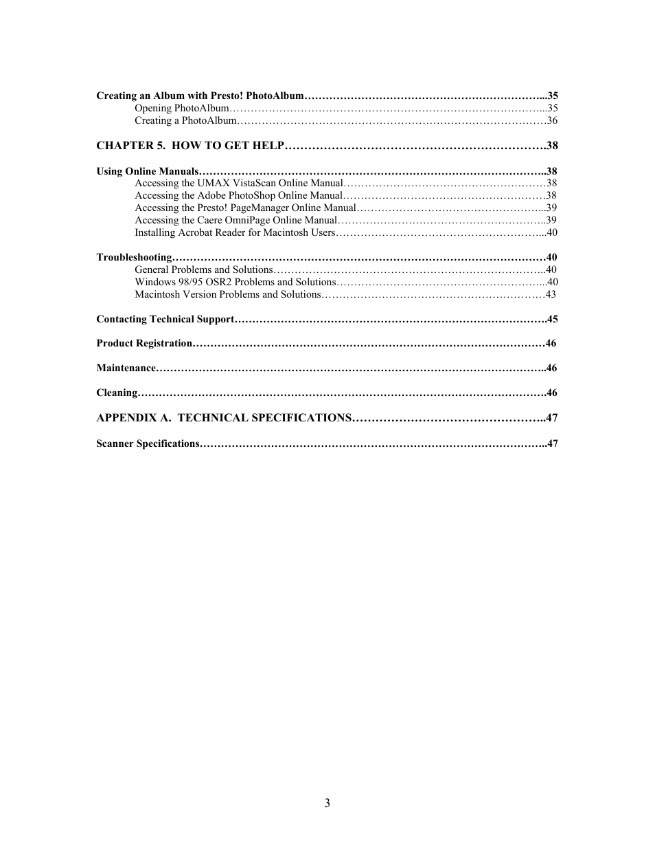 Creating an album with presto! photoalbum, Using online manuals, Appendix a. technical specifications | Scanner specifications | UMAX Technologies Astra 4000 User Manual | Page 3 / 47