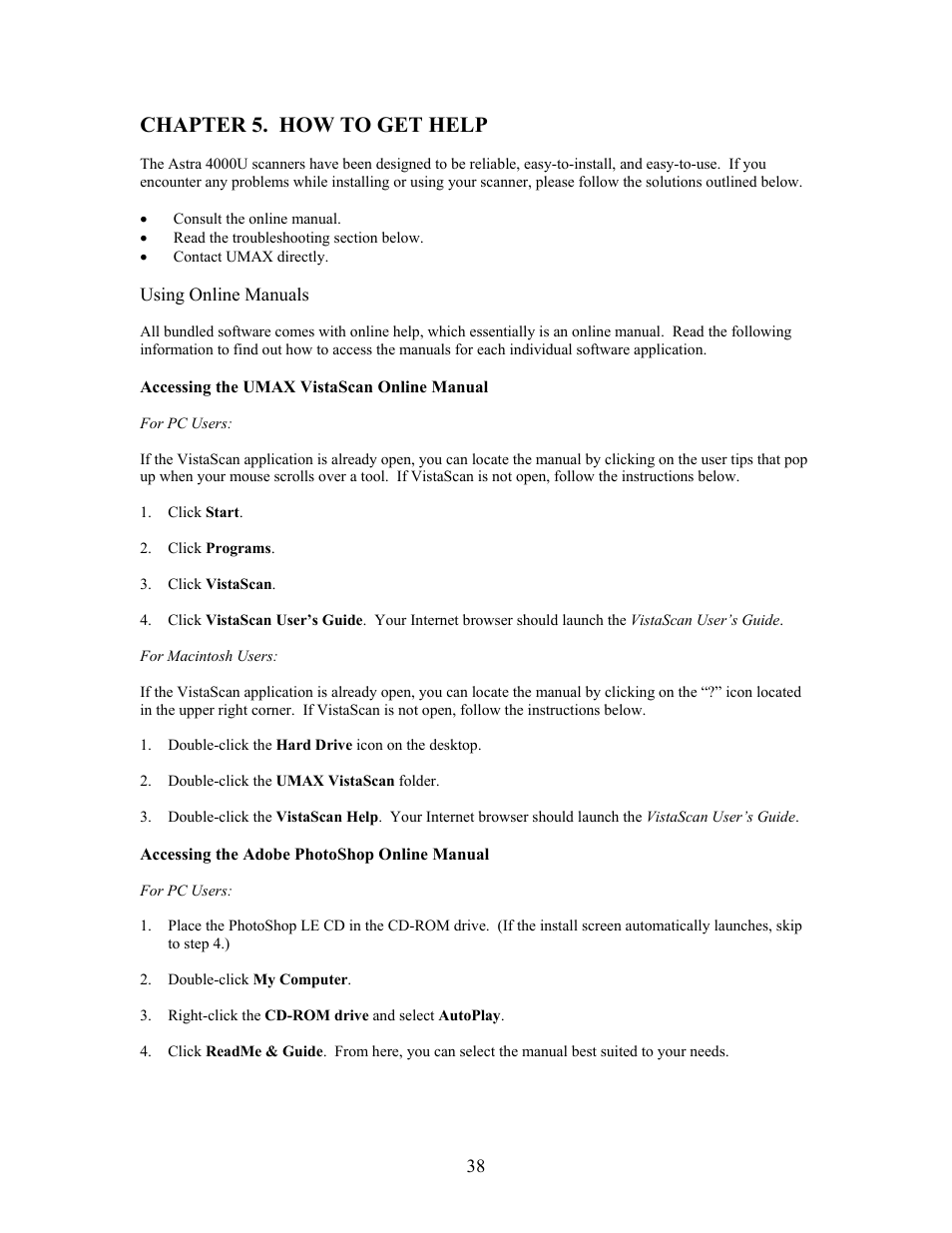 Chapter 5. how to get help, Accessing the umax vistascan online manual, Accessing the adobe photoshop online manual | UMAX Technologies Astra 4000 User Manual | Page 38 / 47