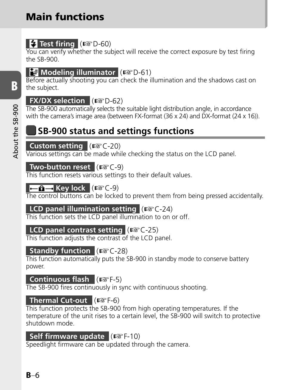 Main functions, Sb-900 status and settings functions, B –6 | Nikon SB-900 User Manual | Page 22 / 142