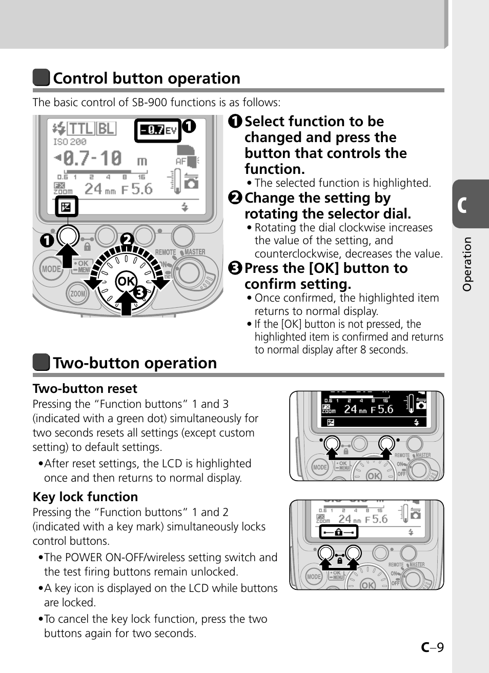Control button operation, Two-button operation | Nikon SB-900 User Manual | Page 31 / 142