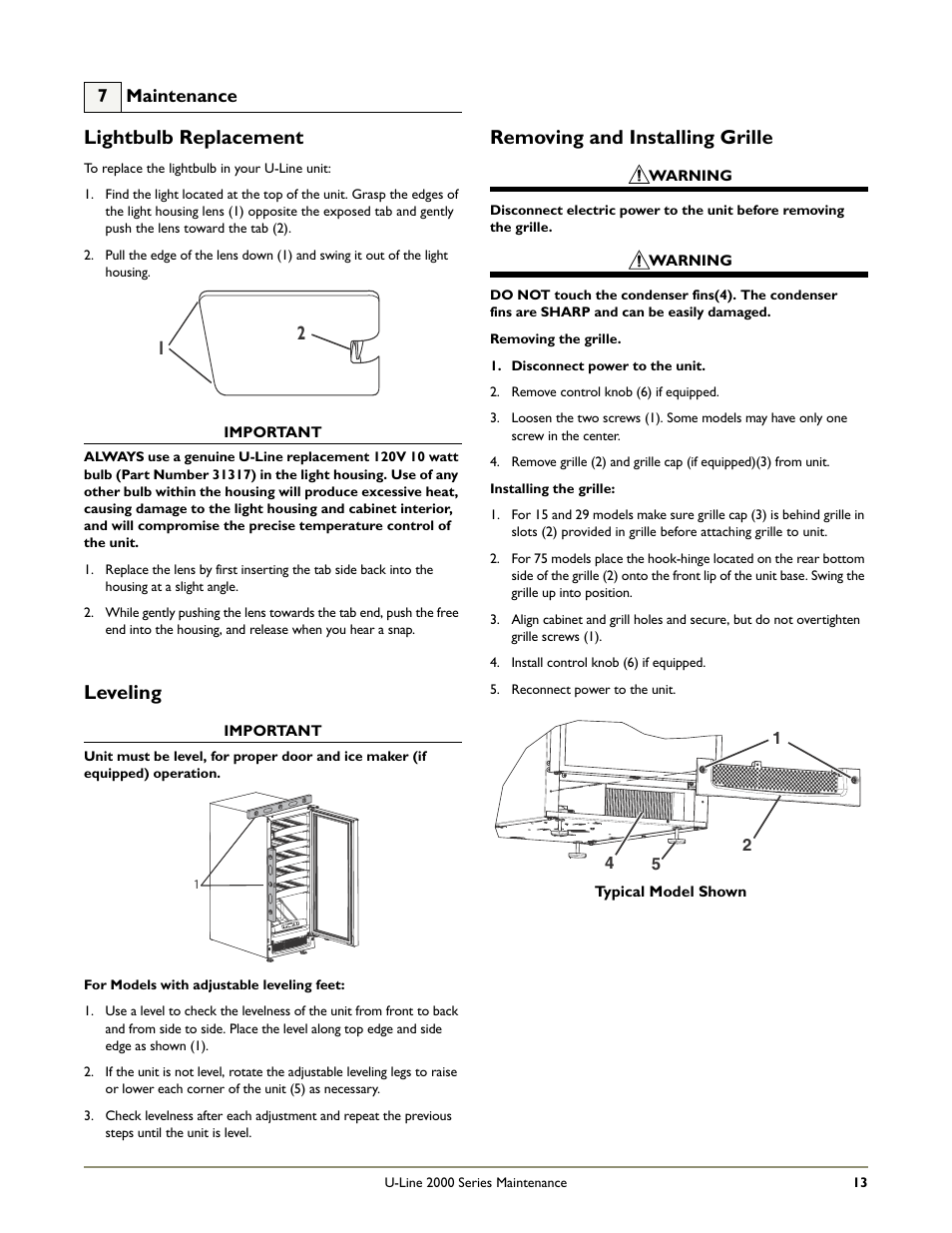 Lightbulb replacement, Removing and installing grille, Leveling | U-Line 2115RS User Manual | Page 15 / 24
