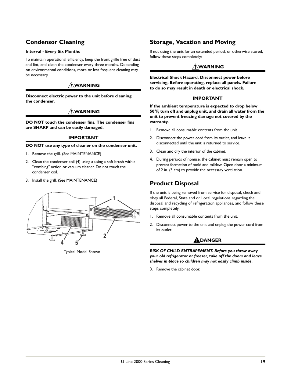 Condensor cleaning, Storage, vacation and moving, Product disposal | U-Line 2115RS User Manual | Page 21 / 24