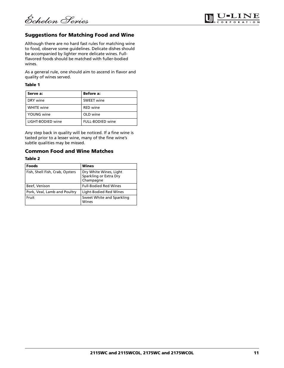 Suggestions for matching food and wine, Common food and wine matches | U-Line 2115WC User Manual | Page 11 / 24