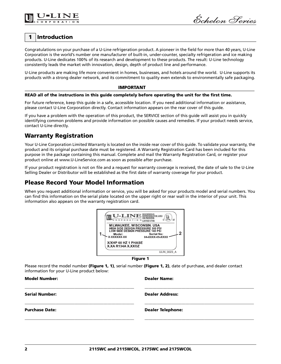 Warranty registration, Please record your model information, 1 introduction | U-Line 2115WC User Manual | Page 2 / 24