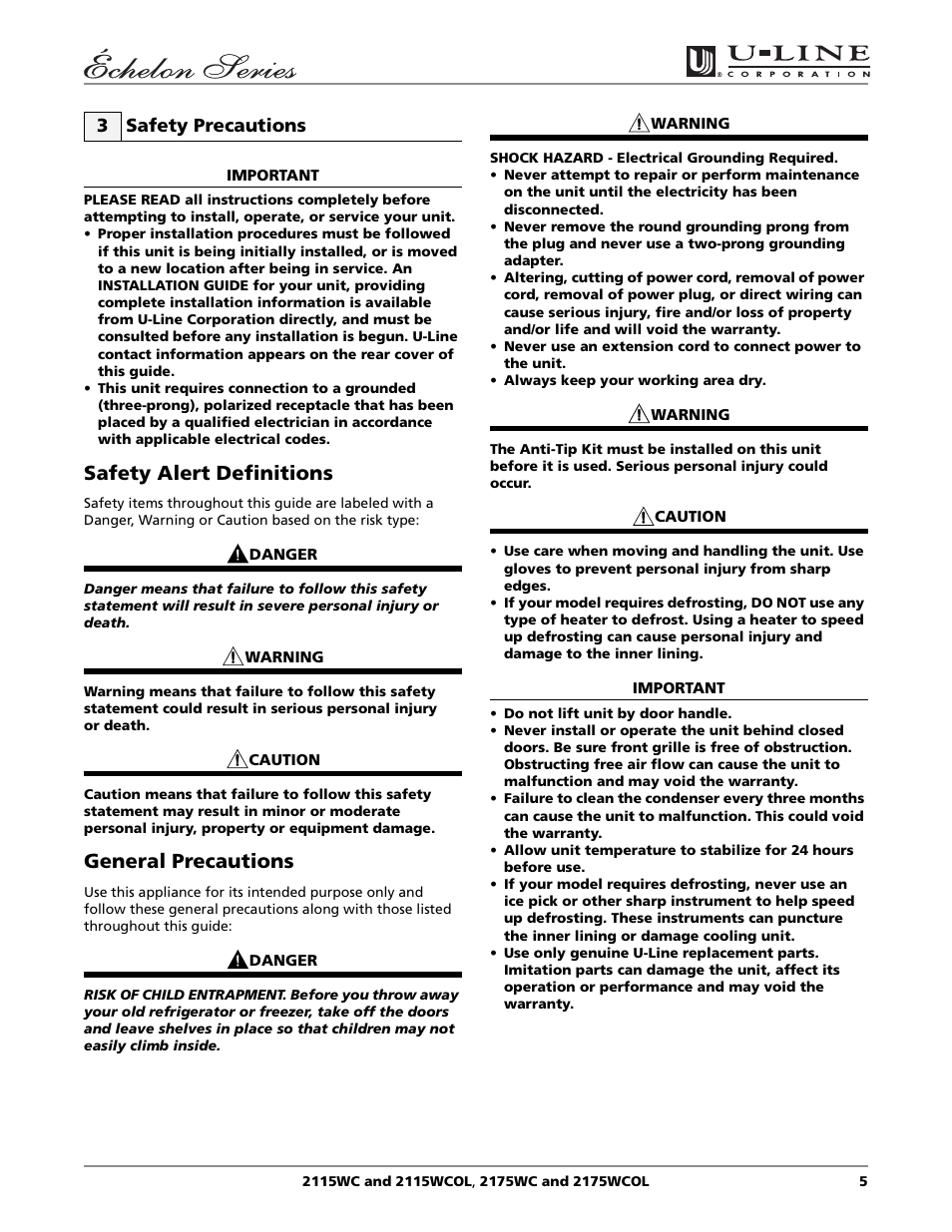 Safety alert definitions, General precautions, 3 safety precautions | U-Line 2115WC User Manual | Page 5 / 24