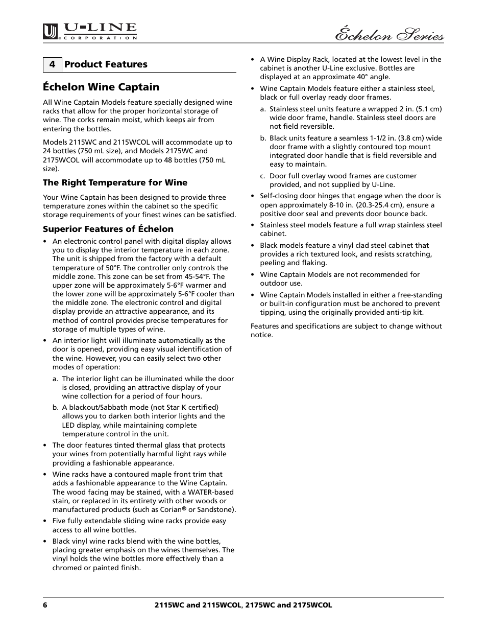 Échelon wine captain, 4 product features | U-Line 2115WC User Manual | Page 6 / 24