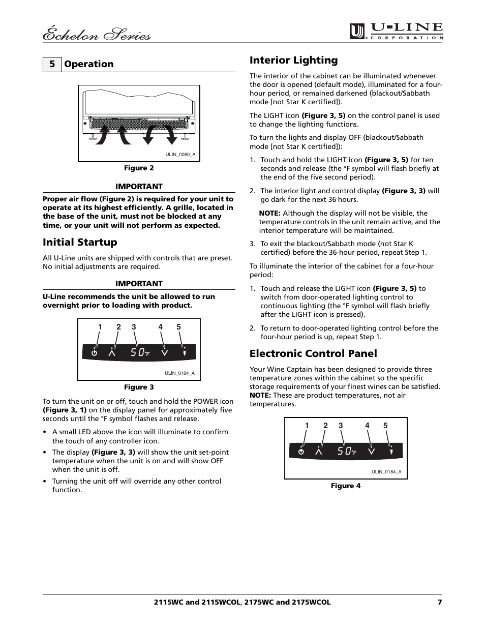 Initial startup, Interior lighting, Electronic control panel | 5 operation | U-Line 2115WC User Manual | Page 7 / 24